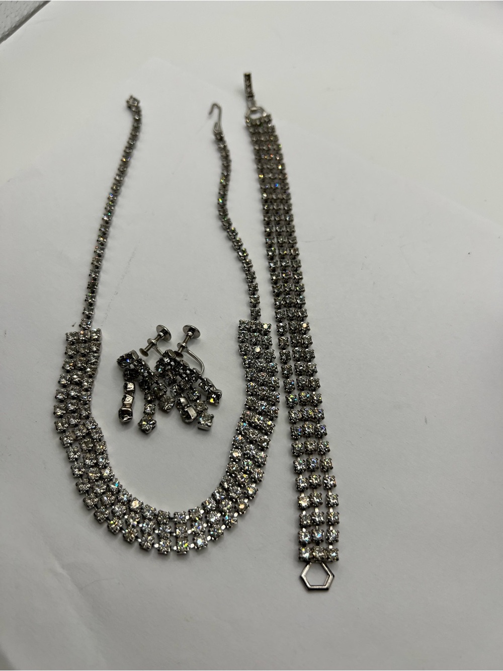 Rhinestone Crystal Necklace, Bracelet & Earrings Set - Silver